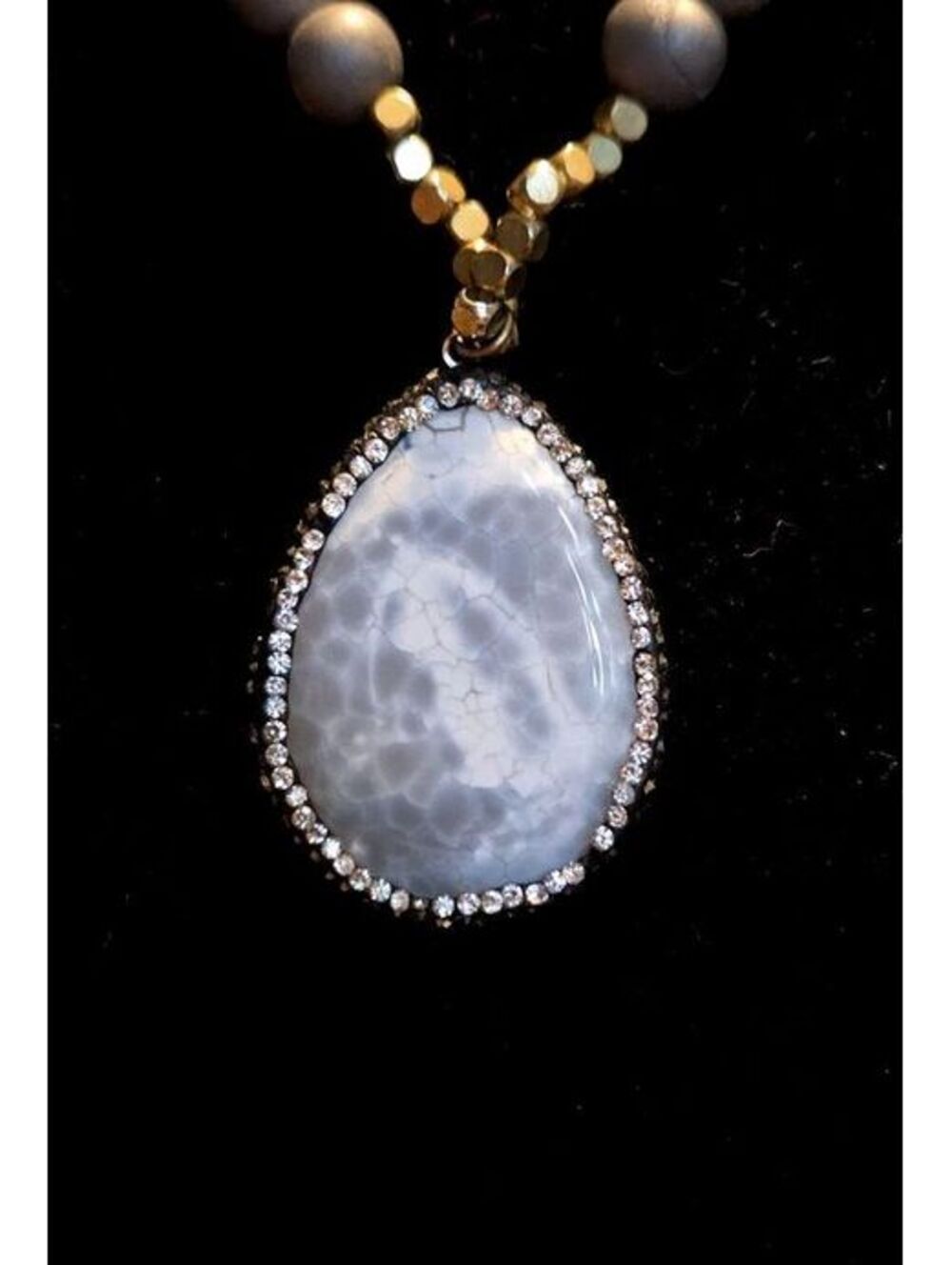 Faceted Beaded Statement Necklace with Agate Stone Pendant and Crystal Pavé Trim